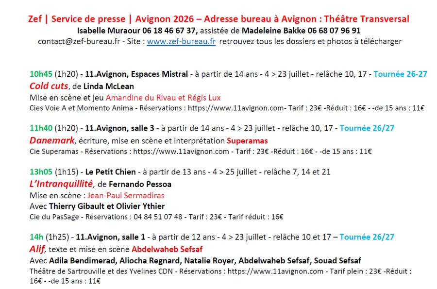 Programme des spectacles défendus par Zef à Avignon